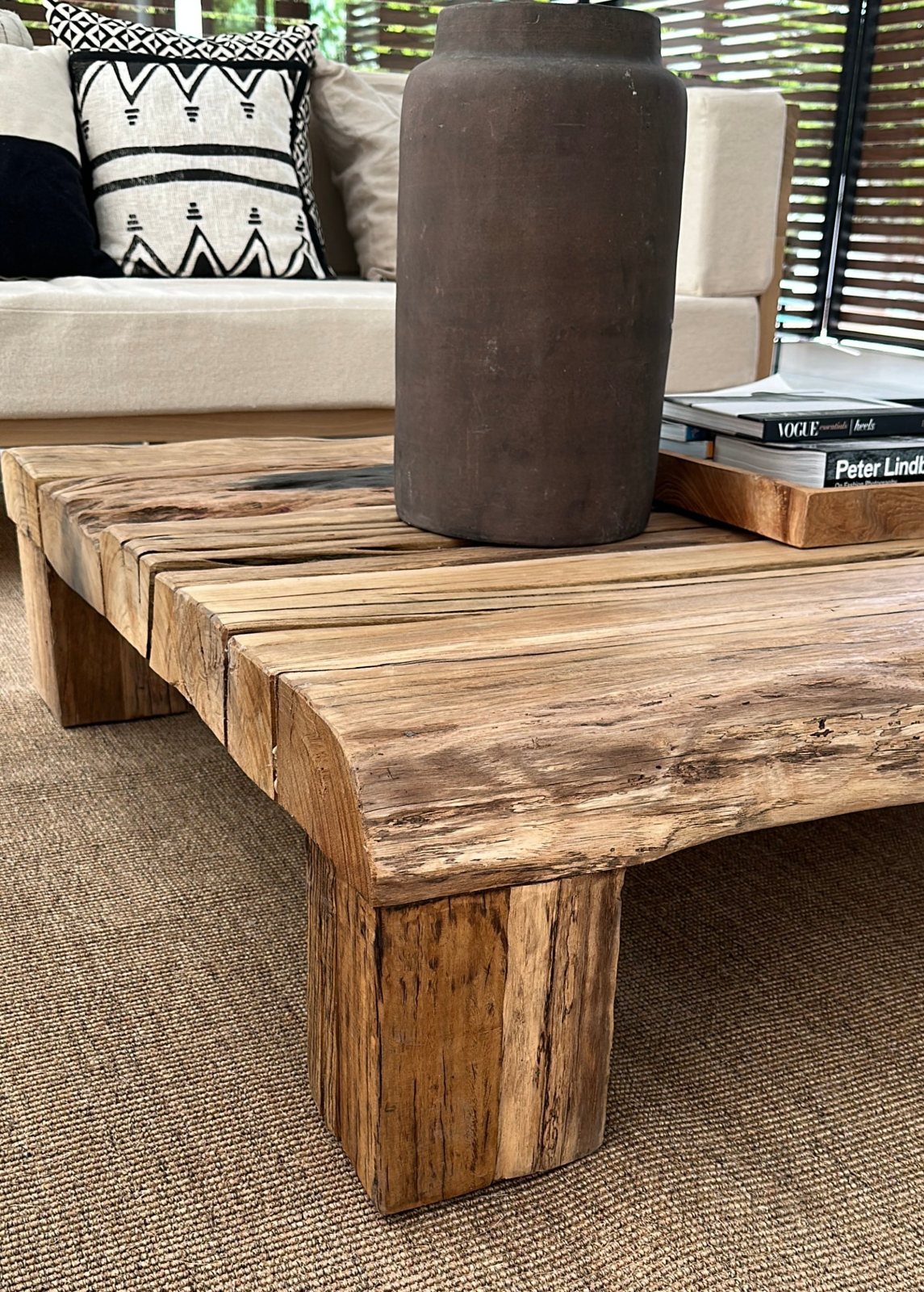 Reclaimed solid oak coffee table with thick plank top and block legs
